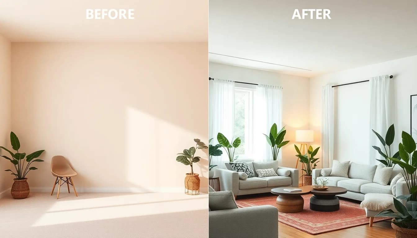 AI room design transformation showing before and after living room makeover