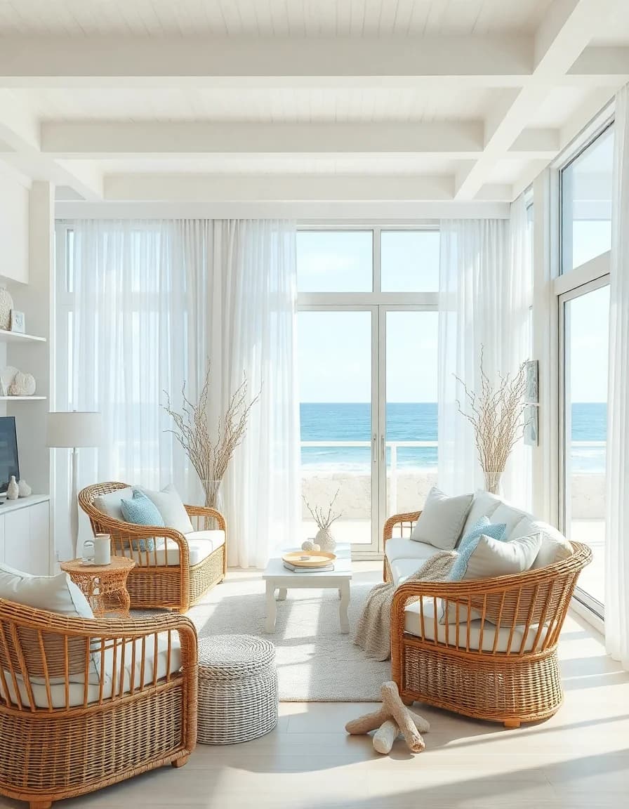 Coastal style AI interior design with blue and white beach-inspired decor
