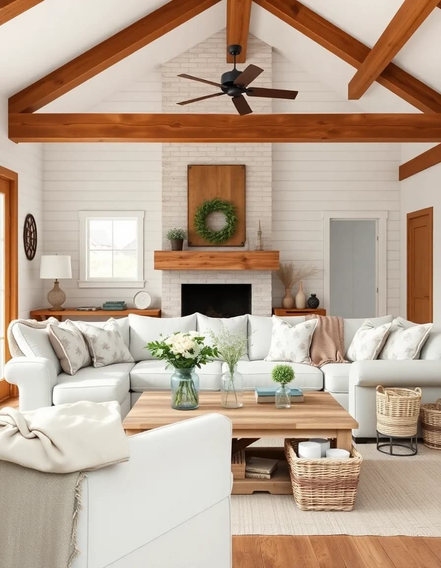 Farmhouse style AI room design with rustic wood and shiplap walls