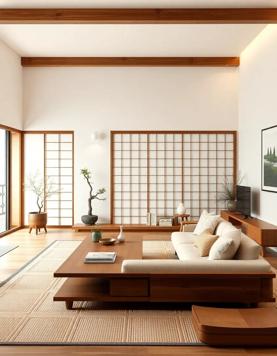 Japandi style AI interior design - Japanese Scandinavian fusion living room