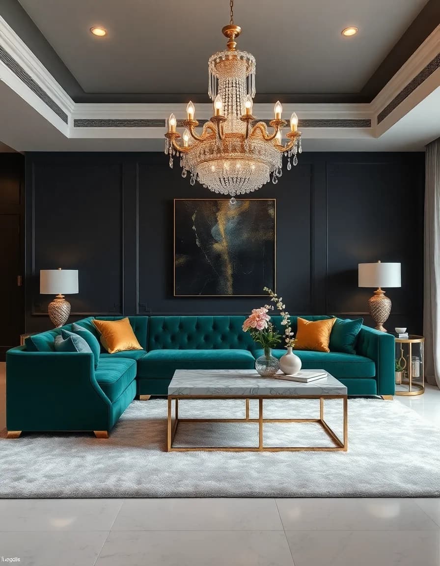 Luxury modern style AI interior design with velvet and gold accents
