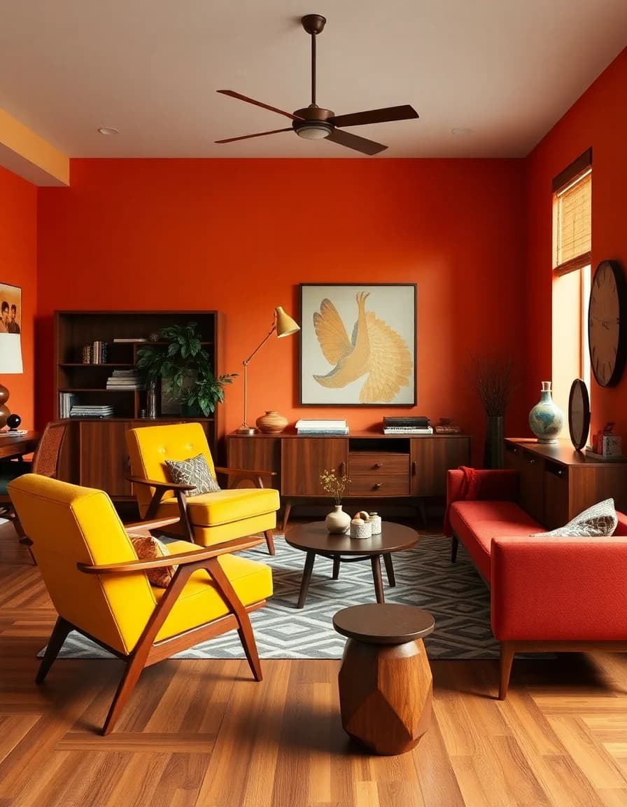 Mid-century modern AI room design with retro teak furniture