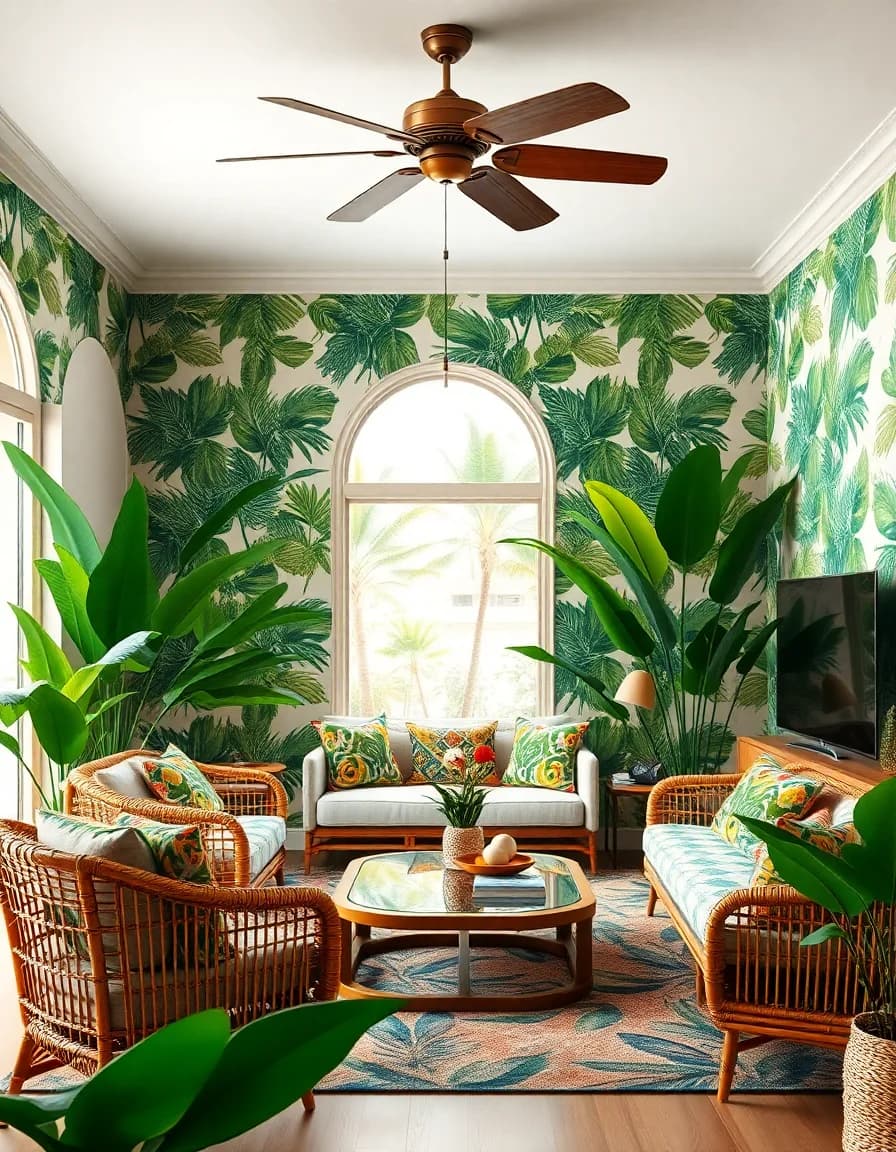 Tropical style AI interior design with palm plants and rattan furniture